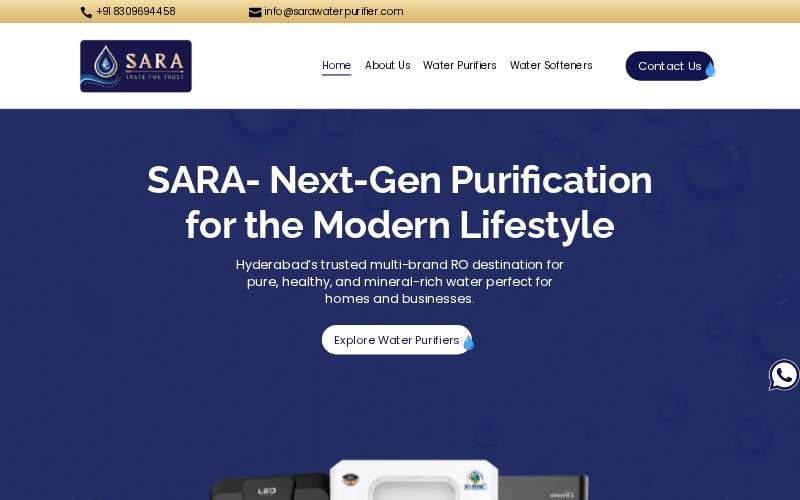 SARA Water Purifier website homepage screenshot